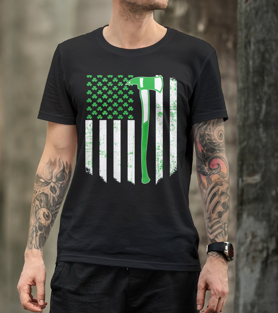Irish Shamrock Flag Firefighter Axe T-Shirt