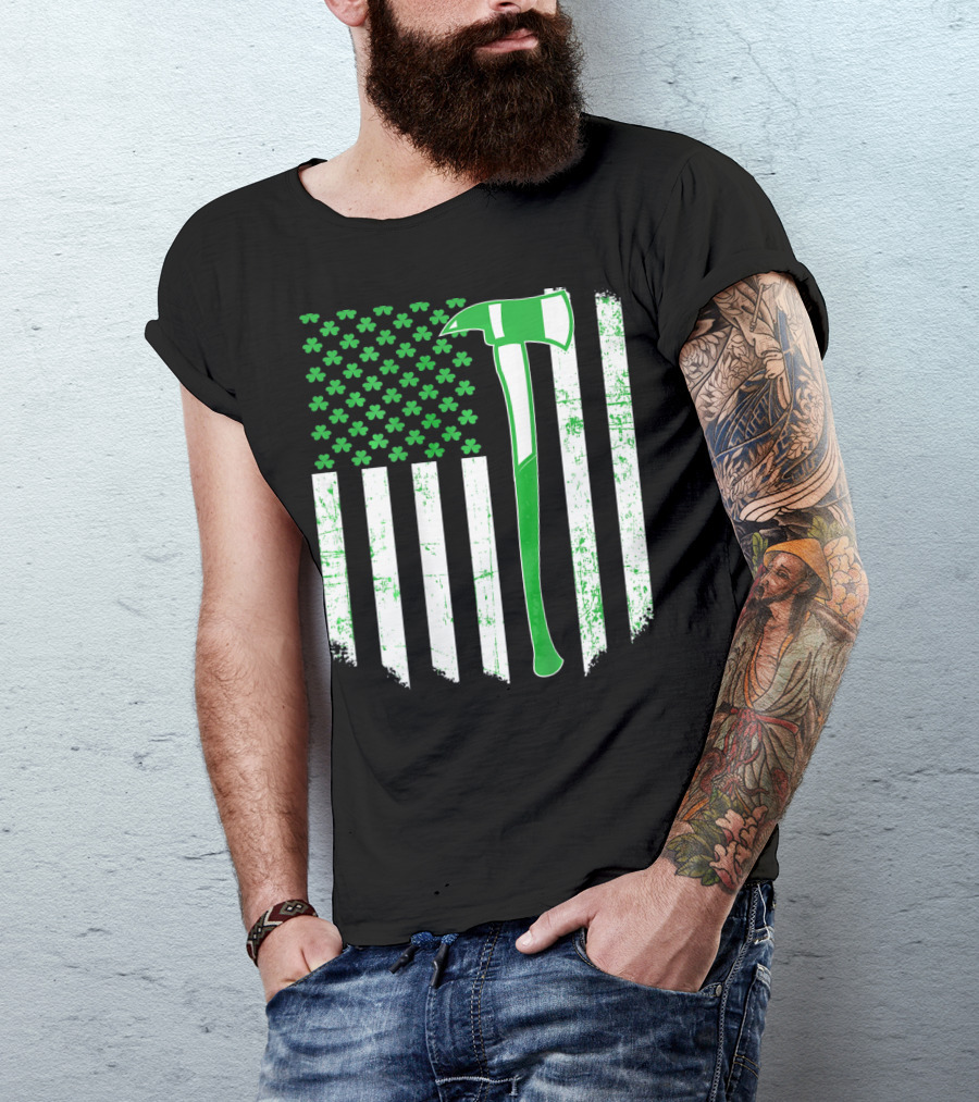Irish Shamrock Flag Firefighter Axe T-Shirt