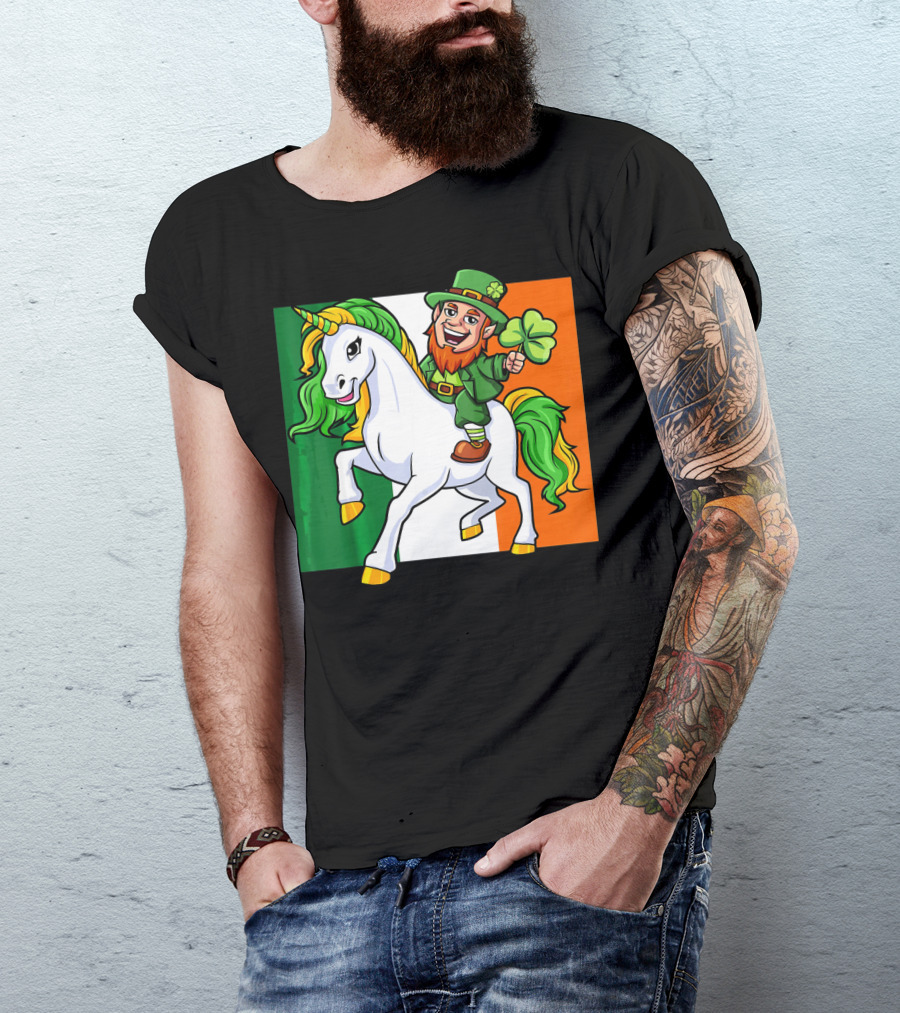 Leprechaun Riding Unicorn Irish Flag St Patricks Day T-Shirt