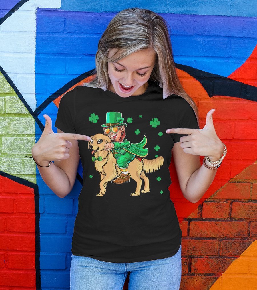Leprechaun Riding Golden Retriever With Shamrocks T-Shirt