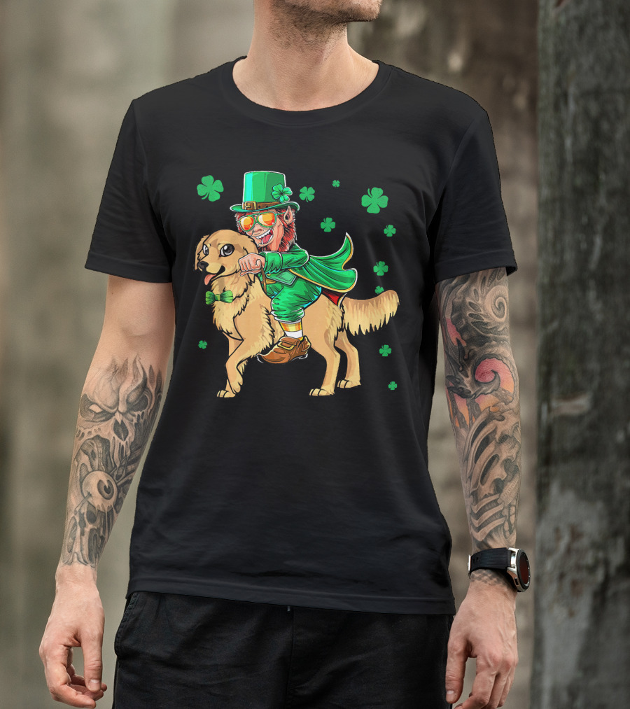 Leprechaun Riding Golden Retriever With Shamrocks T-Shirt