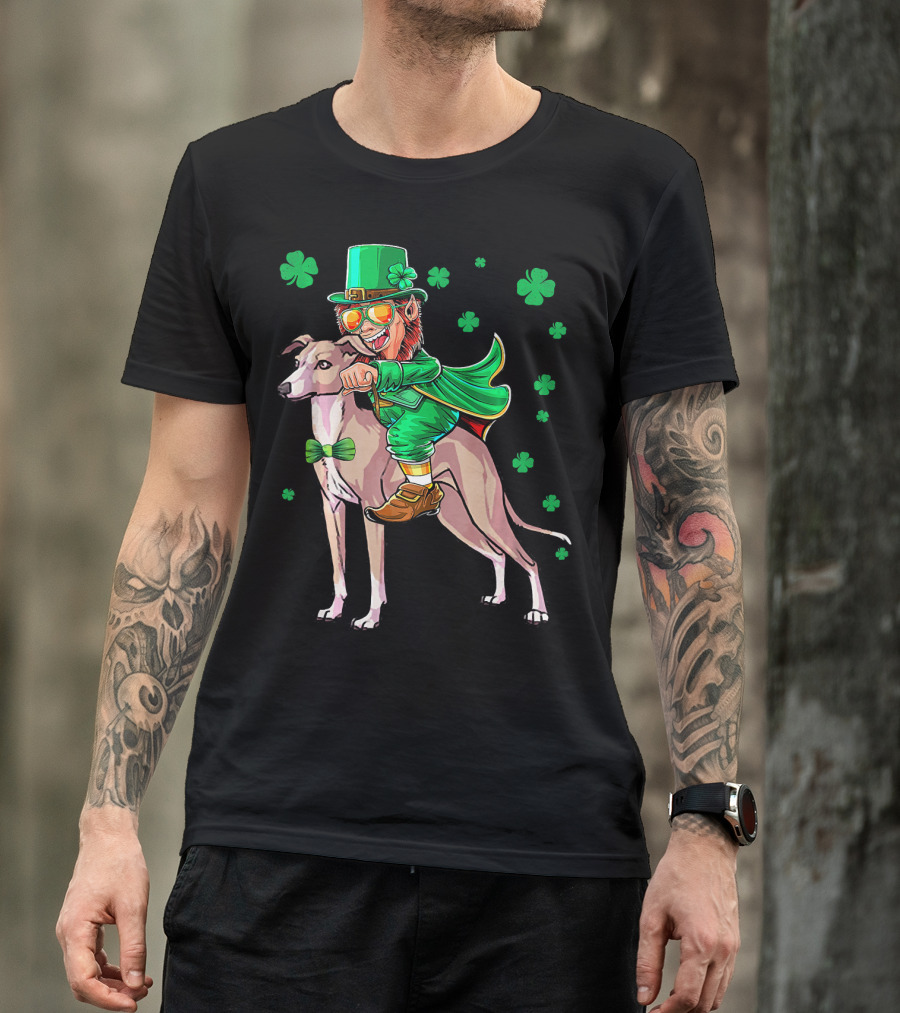 Leprechaun Riding Italian Greyhound With Shamrocks T-Shirt