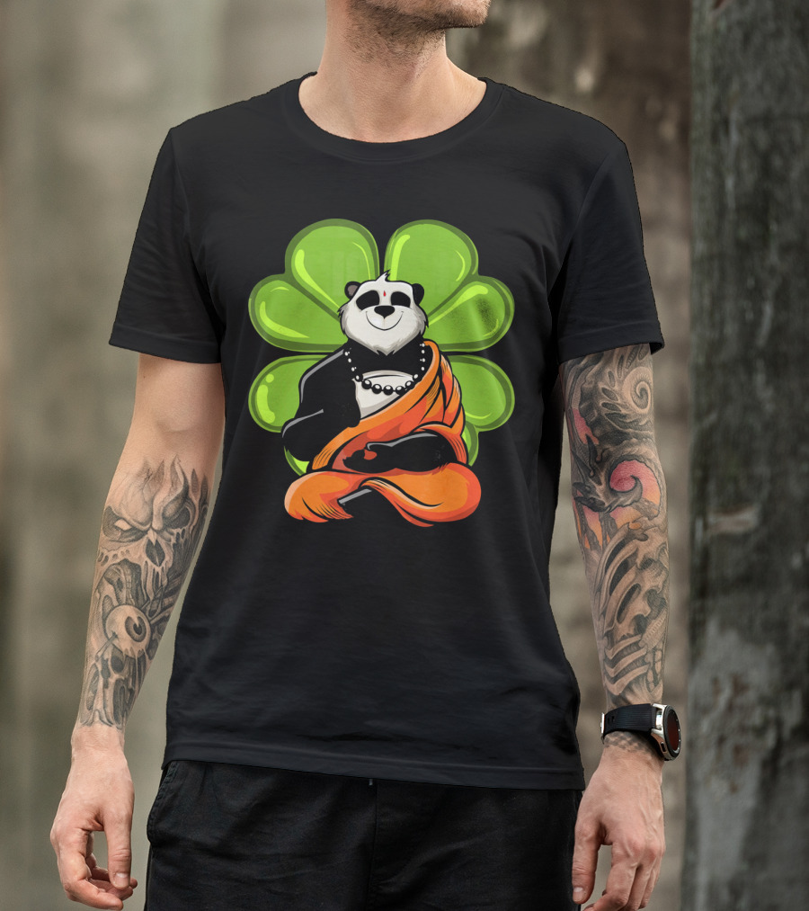 Panda Bear Buddha Zen Meditation With Lucky Four-Leaf Clover T-Shirt
