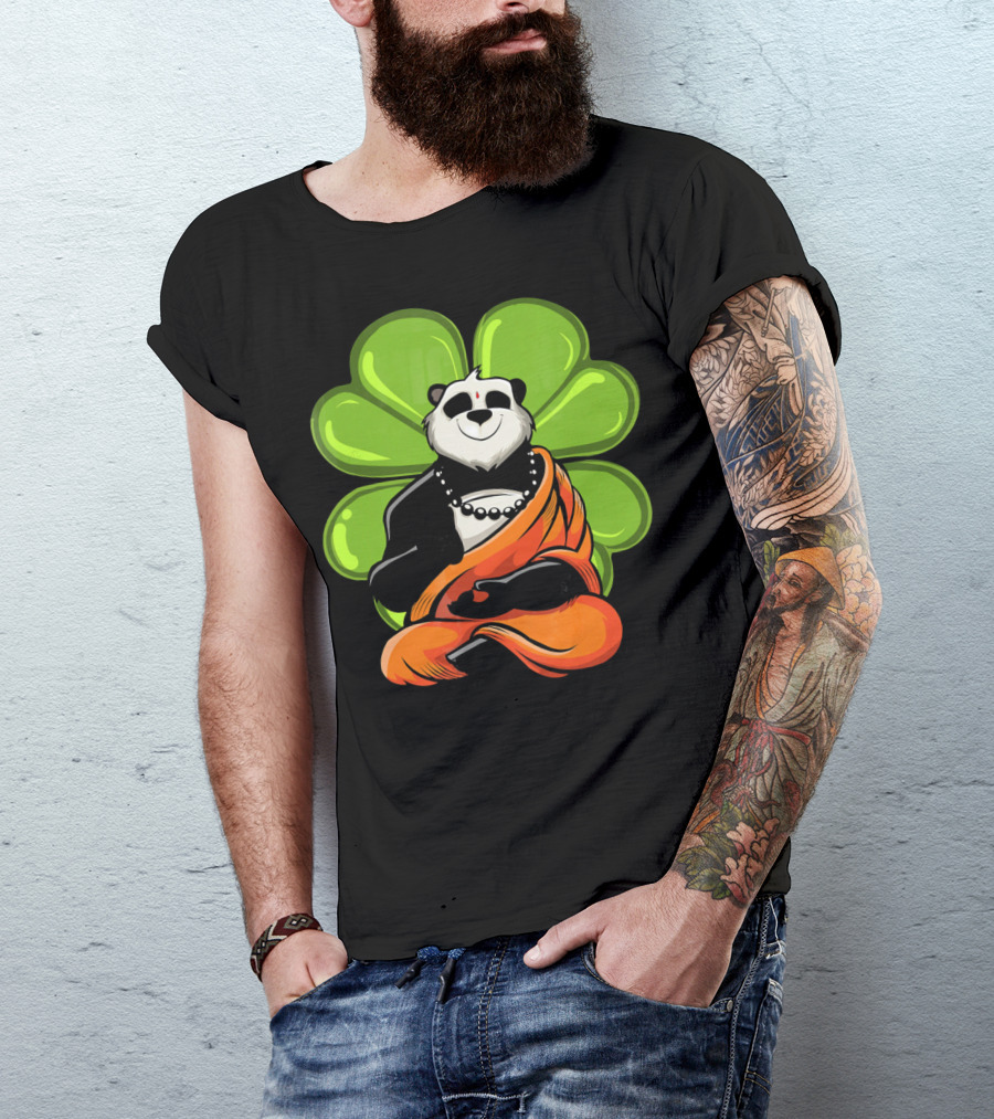 Panda Bear Buddha Zen Meditation With Lucky Four-Leaf Clover T-Shirt