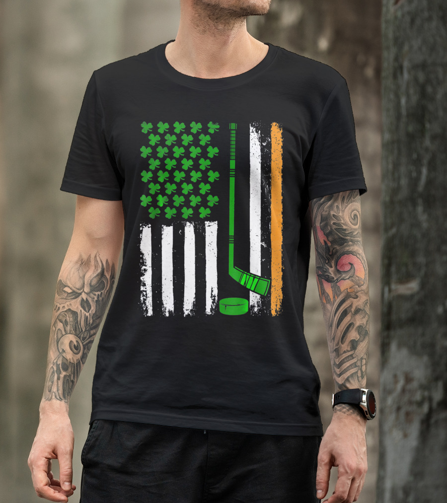 Hockey St Patricks Irish American Flag Shamrock Hockey Stick T-Shirt