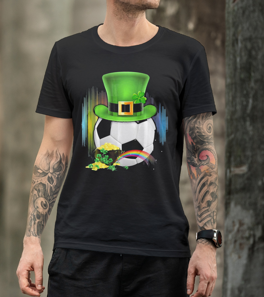 Soccer Ball Leprechaun Hat Pot Of Gold Rainbow Saint Patricks T-Shirt