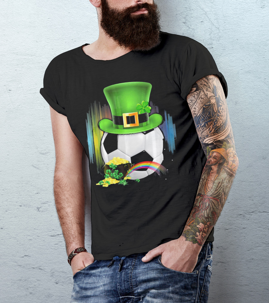Soccer Ball Leprechaun Hat Pot Of Gold Rainbow Saint Patricks T-Shirt