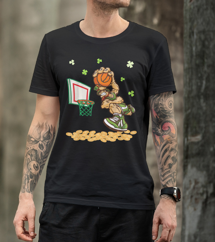 Leprechaun Dunking Basketball Surrounded By Shamrocks And Gold Coins T-Shirt