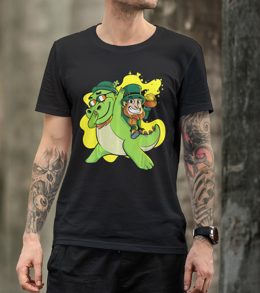 Dabbing Dinosaur And Leprechaun With Gold For St Patrick's Day T-Shirt