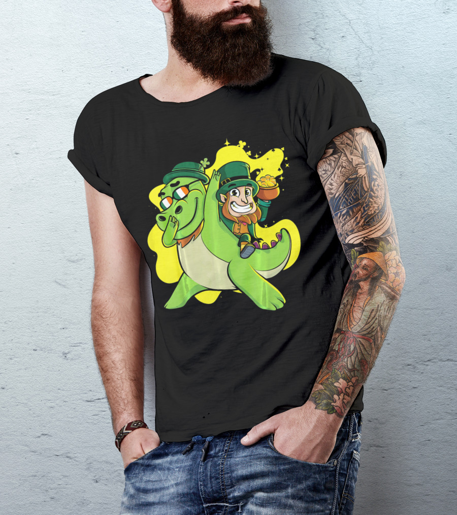Dabbing Dinosaur And Leprechaun With Gold For St Patrick's Day T-Shirt