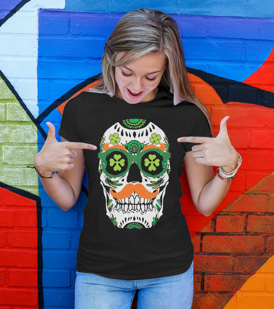 Sugar Skull Clover Mustache St. Patrick's Day T-Shirt