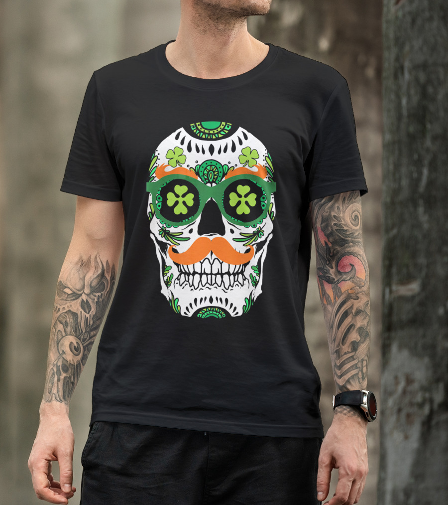 Sugar Skull Clover Mustache St. Patrick's Day T-Shirt