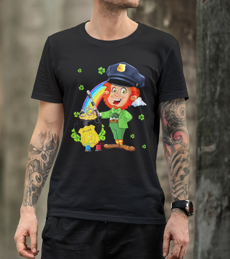 Police Leprechaun Pot Of Gold Rainbow Clover St. Patricks T-Shirt