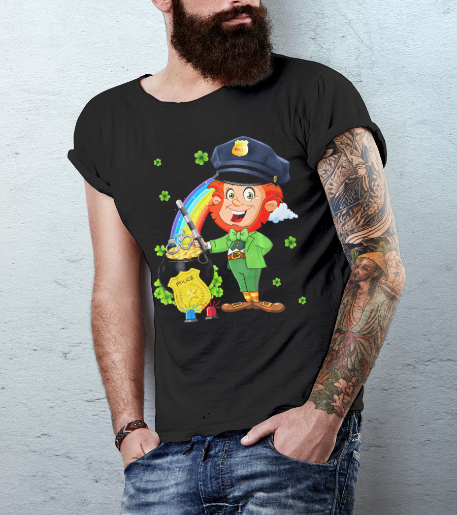 Police Leprechaun Pot Of Gold Rainbow Clover St. Patricks T-Shirt
