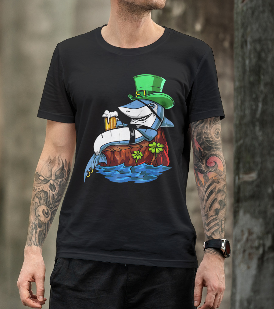 Leprechaun Shark Pirate St Patricks Beer Shamrock Rock T-Shirt