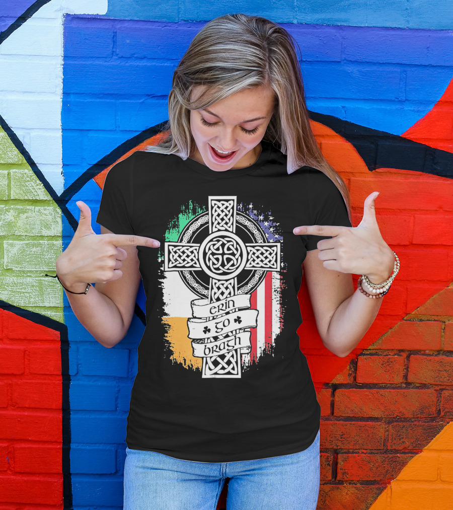 Erin Go Bragh Celtic Cross Irish American Flag T-Shirt