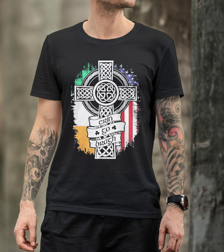 Erin Go Bragh Celtic Cross Irish American Flag T-Shirt