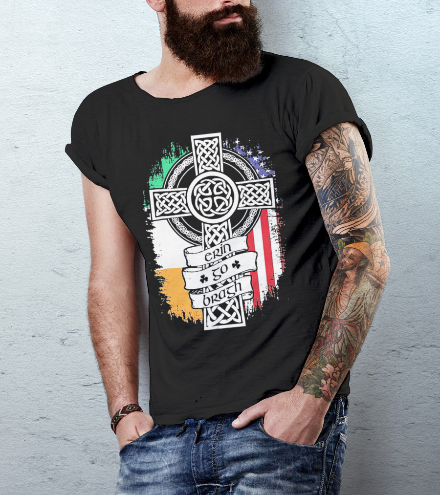 Erin Go Bragh Celtic Cross Irish American Flag T-Shirt