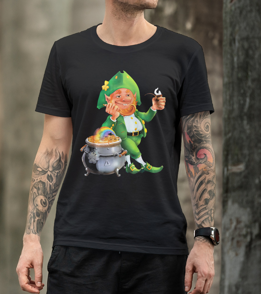 Cool Leprechaun With Rainbow And Gold Pot T-Shirt