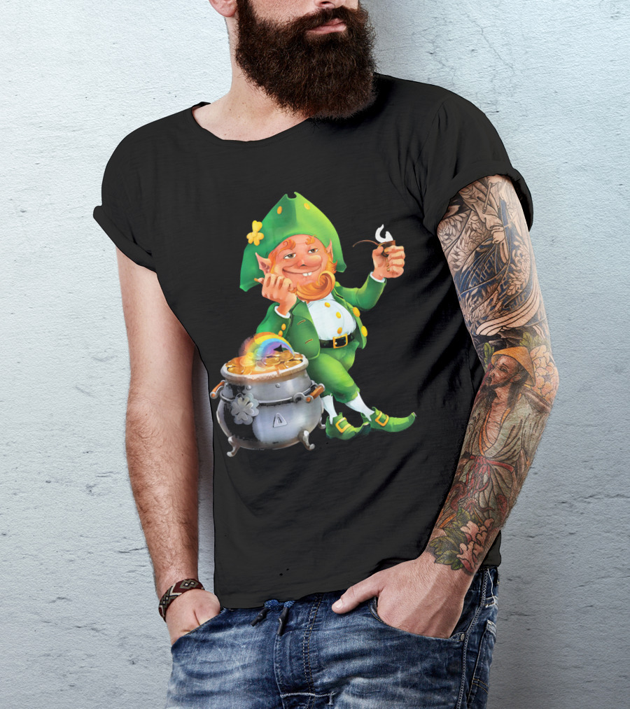 Cool Leprechaun With Rainbow And Gold Pot T-Shirt