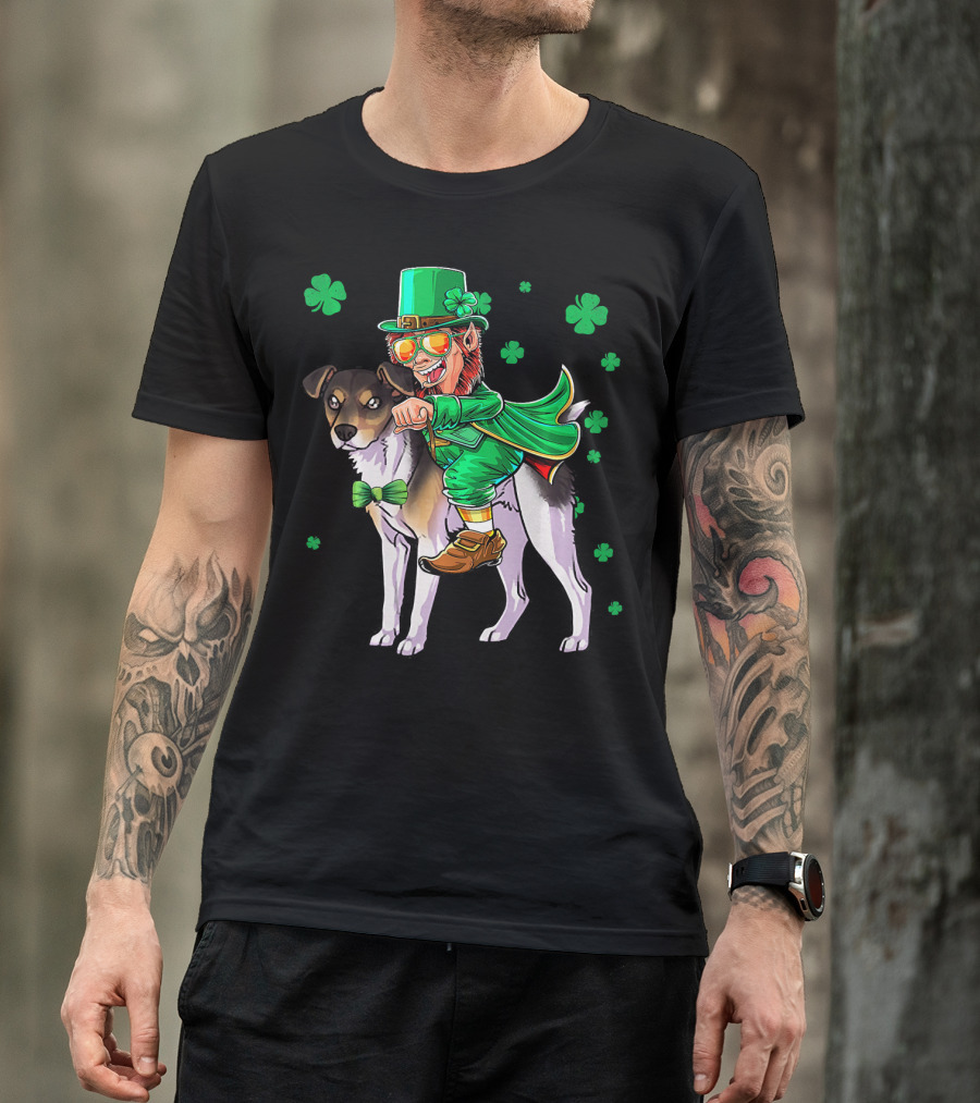 Leprechaun Riding Rat Terrier With Shamrock Pattern St Patrick's Day T-Shirt