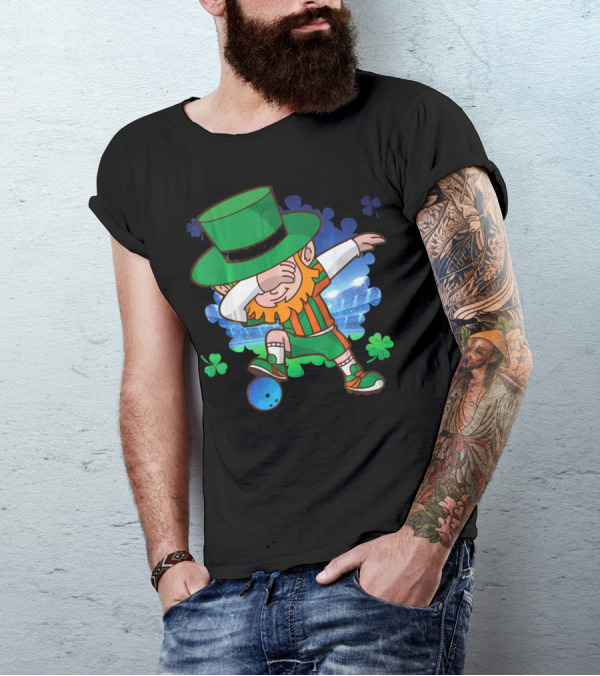 Leprechaun Dabbing Bowling With Clover Accents T-Shirt