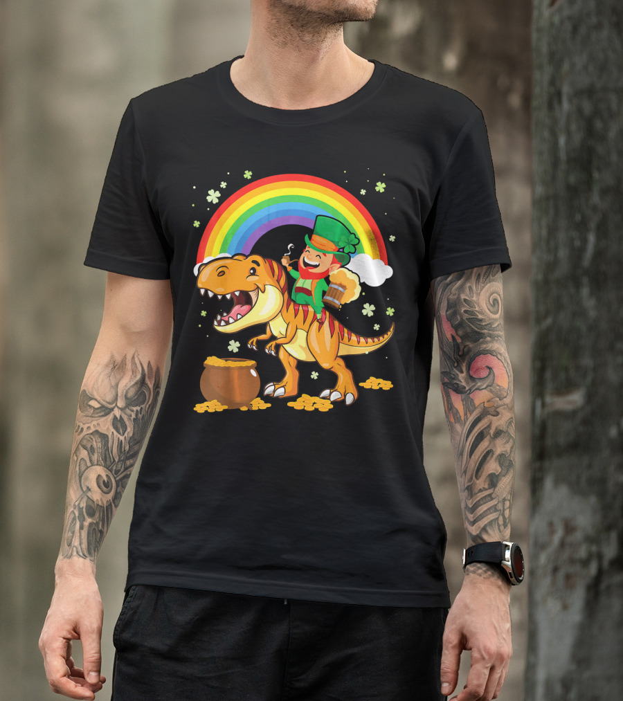 Leprechaun Drinking Beer Riding Dinosaur Under Rainbow With Pot Of Gold T-Shirt