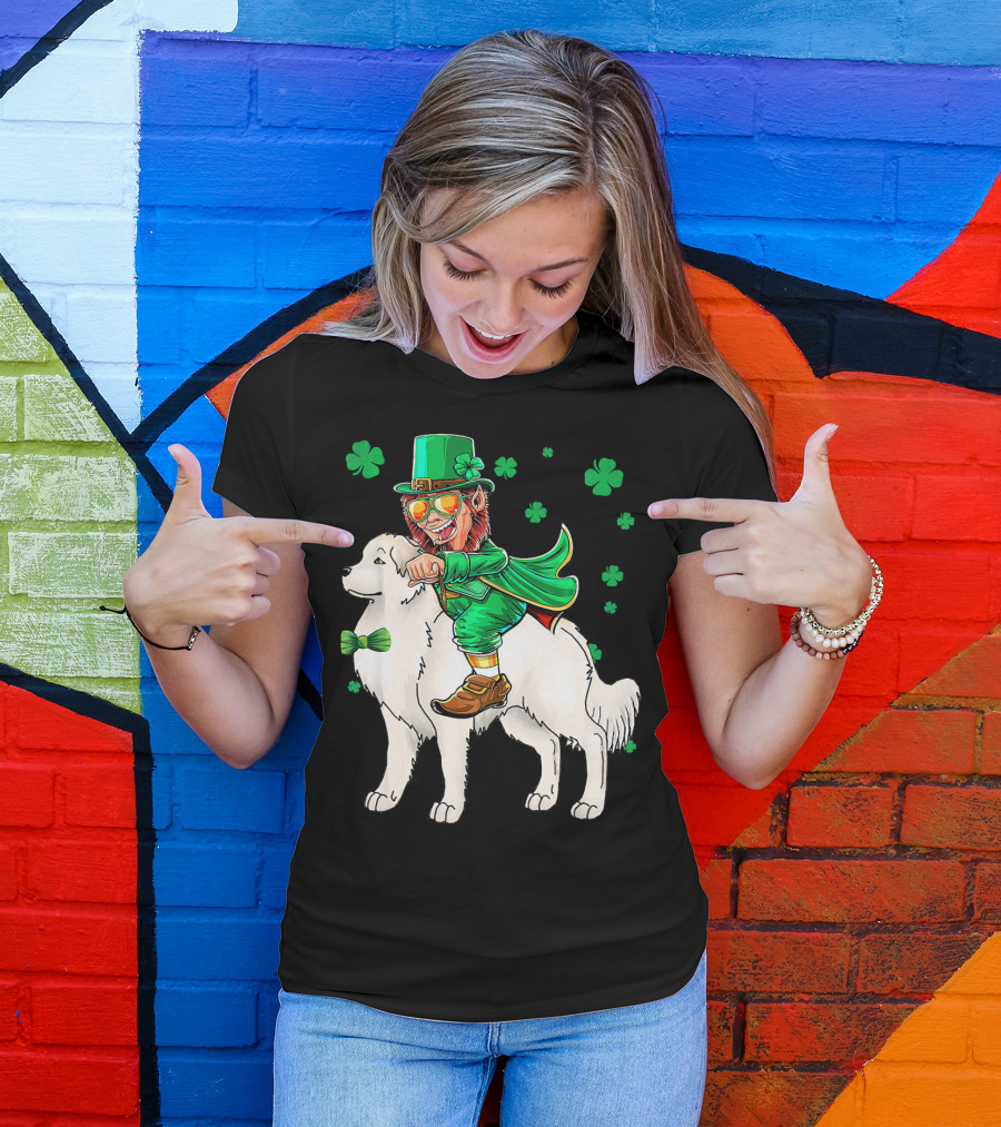 Great Pyrenees Leprechaun Riding Shamrock T-Shirt