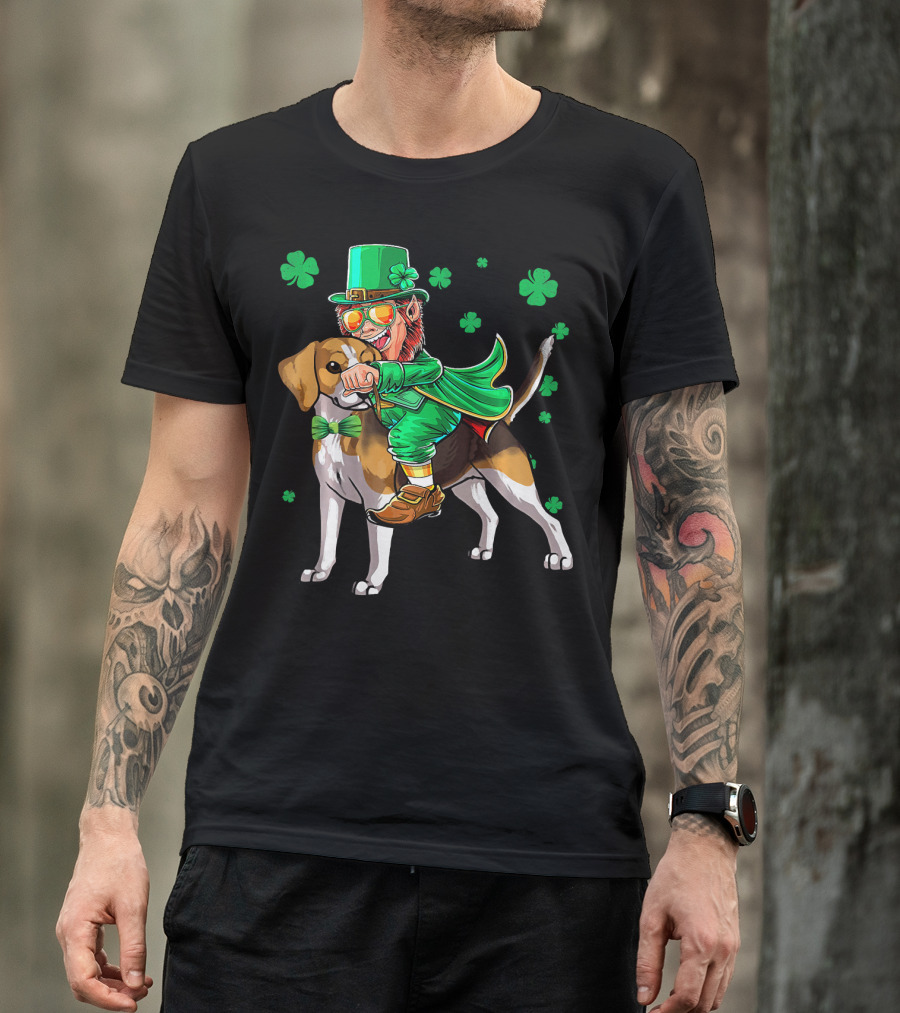 Leprechaun Riding Beagle With Shamrocks For St. Patrick's Day T-Shirt