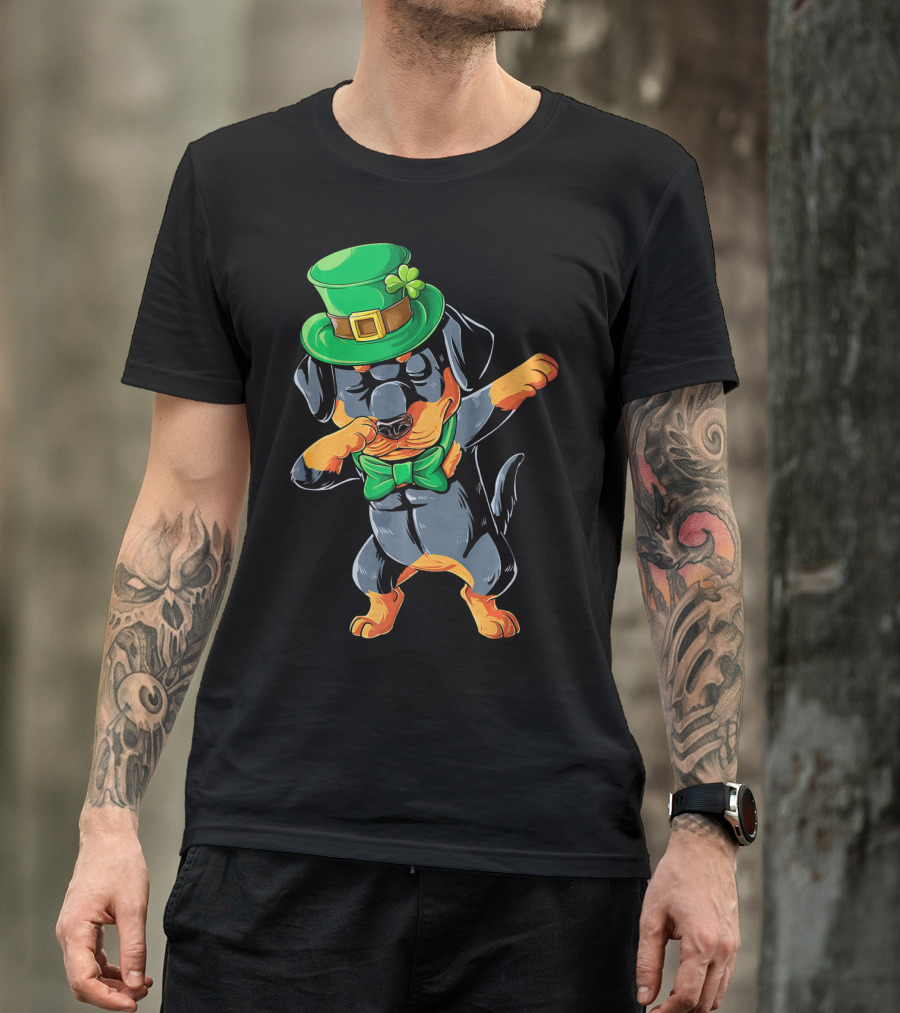 Dabbing Rottweiler St. Patrick's Day Hat And Bow Tie T-Shirt