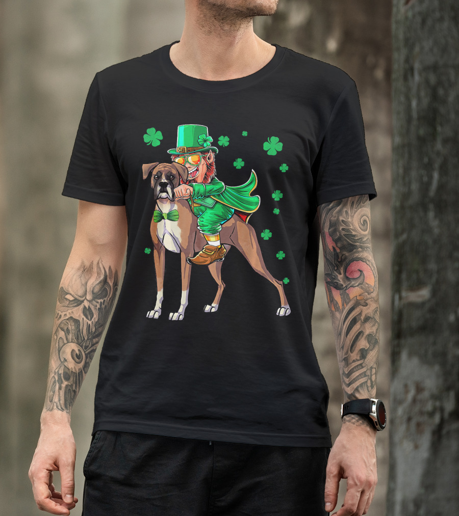 Leprechaun Riding Boxer Dog With Shamrocks St. Patrick's Day T-Shirt