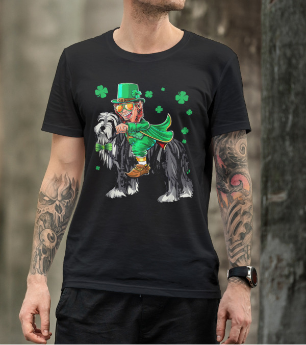 Leprechaun Riding Bearded Collie With Shamrocks T-Shirt