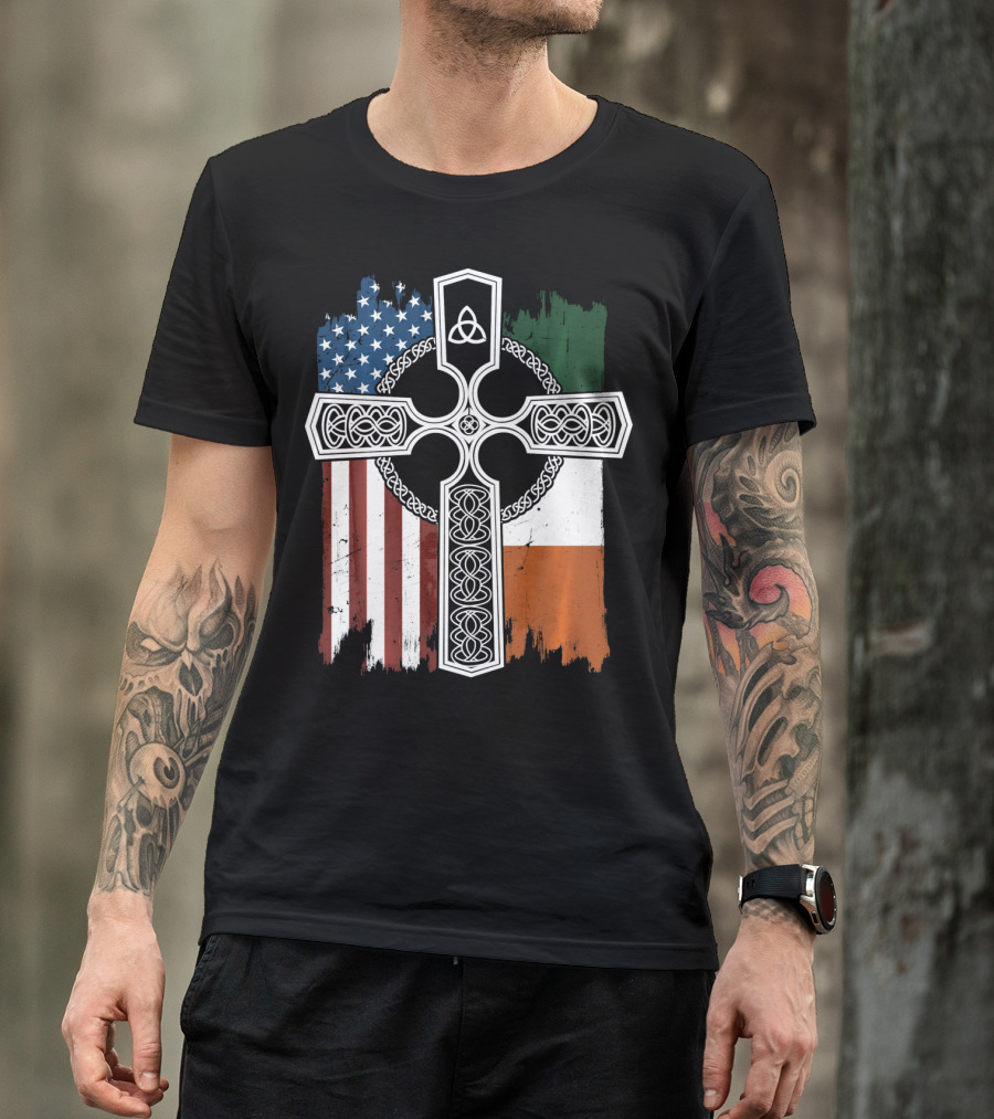 American Irish Flag Celtic Cross With Triquetra T-Shirt