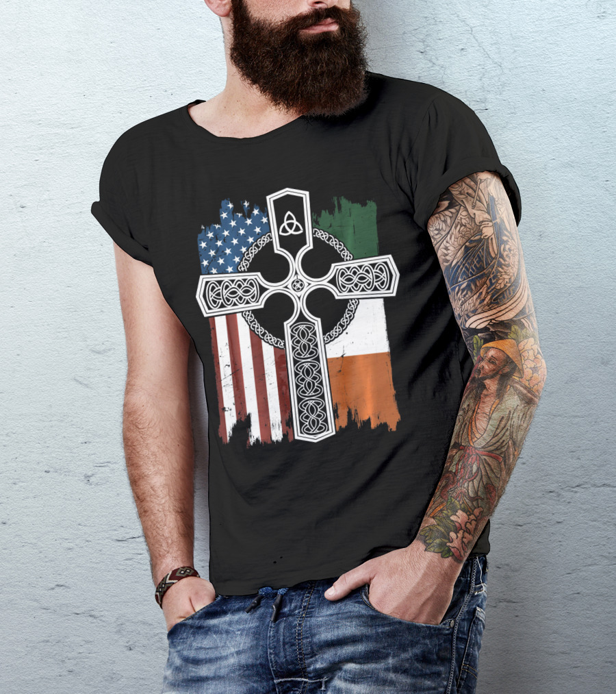 American Irish Flag Celtic Cross With Triquetra T-Shirt