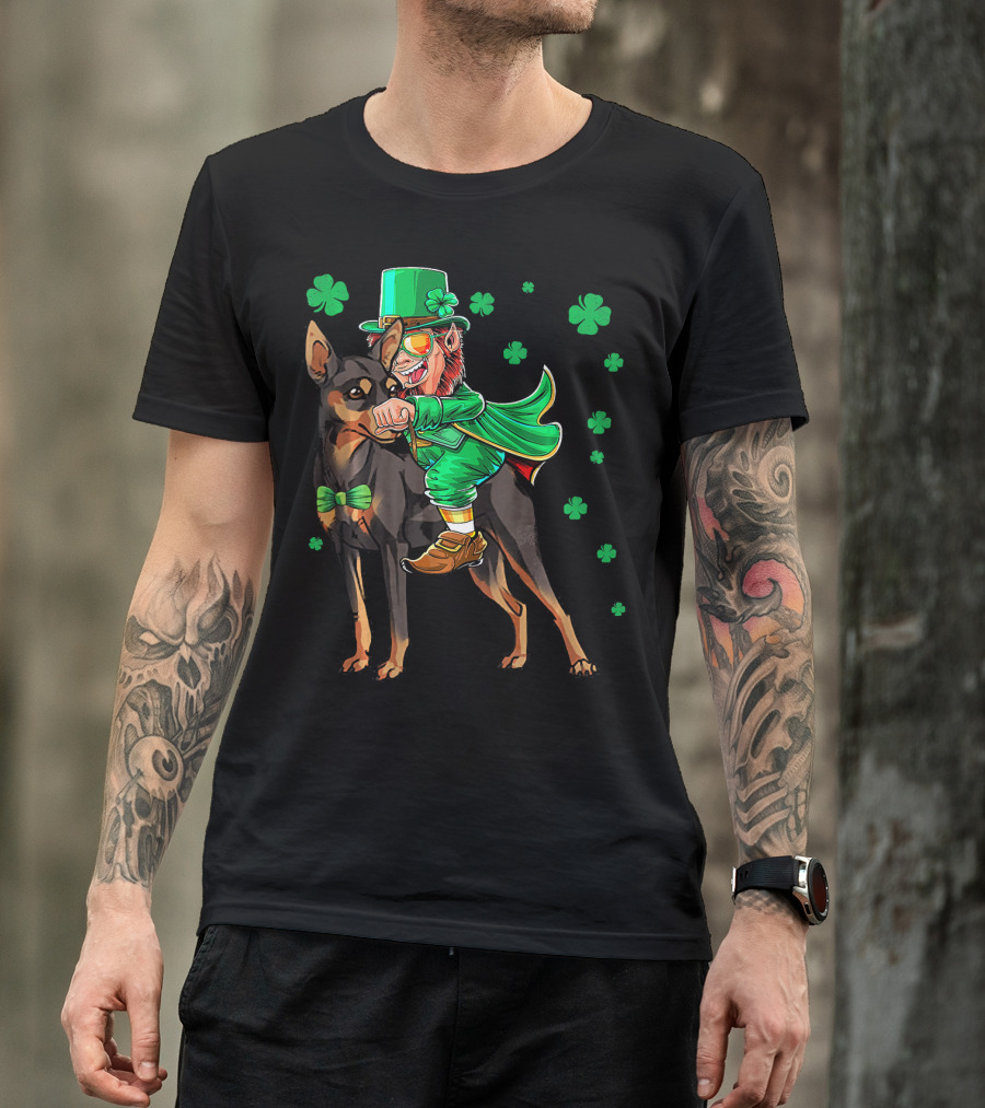 Leprechaun Miniature Pinscher Riding Shamrock Adventure T-Shirt