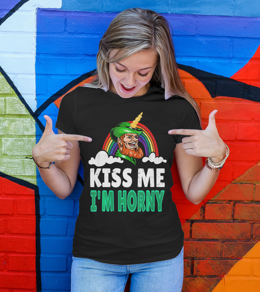 Kiss Me I'm Horny St Patricks Day Lepricorn Rainbow T-Shirt
