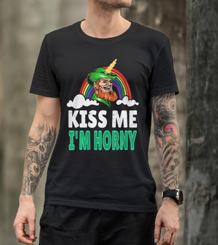 Kiss Me I'm Horny St Patricks Day Lepricorn Rainbow T-Shirt