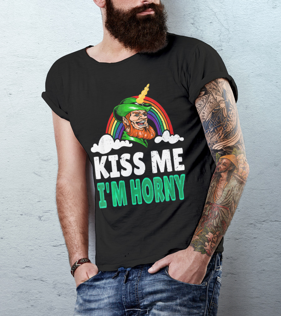 Kiss Me I'm Horny St Patricks Day Lepricorn Rainbow T-Shirt