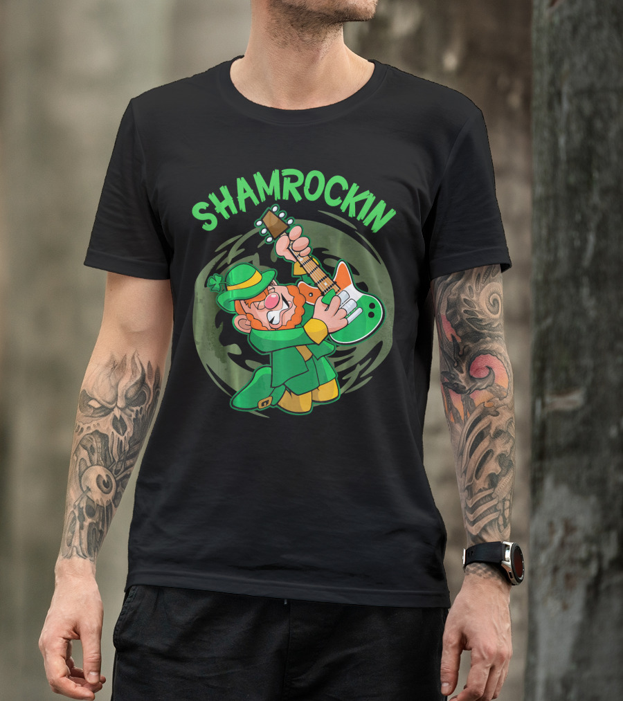 Shamrockin Leprechaun Playing Guitar In Green T-Shirt