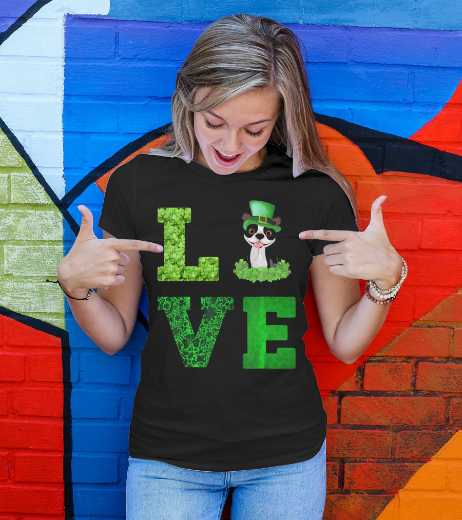 Love Boston Terrier St Patricks Day Clover Hat T-Shirt