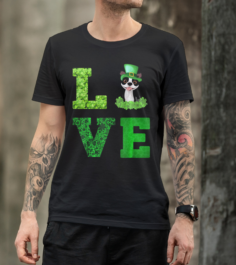 Love Boston Terrier St Patricks Day Clover Hat T-Shirt