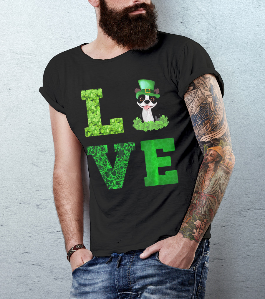 Love Boston Terrier St Patricks Day Clover Hat T-Shirt