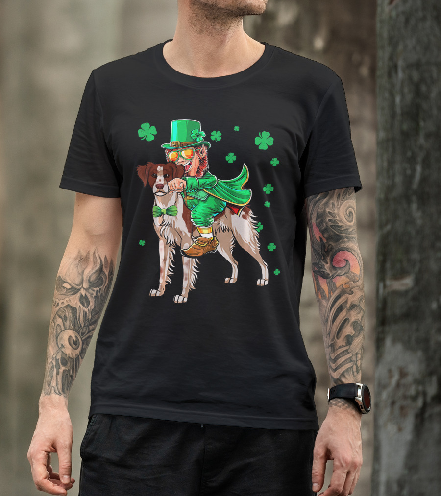 Leprechaun Rides Brittany Spaniel With Shamrock Accents T-Shirt