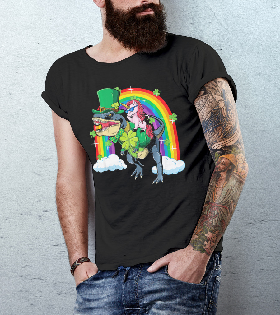 Unicorn Riding Dinosaur Leprechaun Rainbow Shamrocks T-Shirt