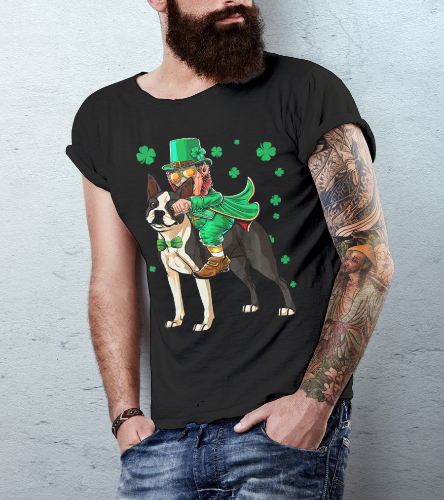 Leprechaun Riding Boston Terrier With Shamrock Accents T-Shirt