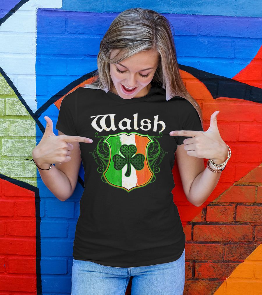 Walsh Surname Irish Shamrock Crest With Green White Orange Shield T-Shirt