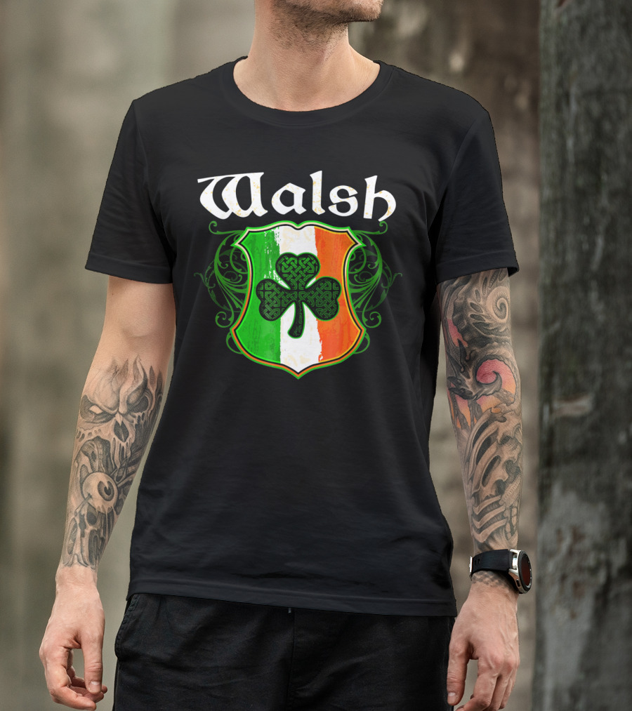 Walsh Surname Irish Shamrock Crest With Green White Orange Shield T-Shirt