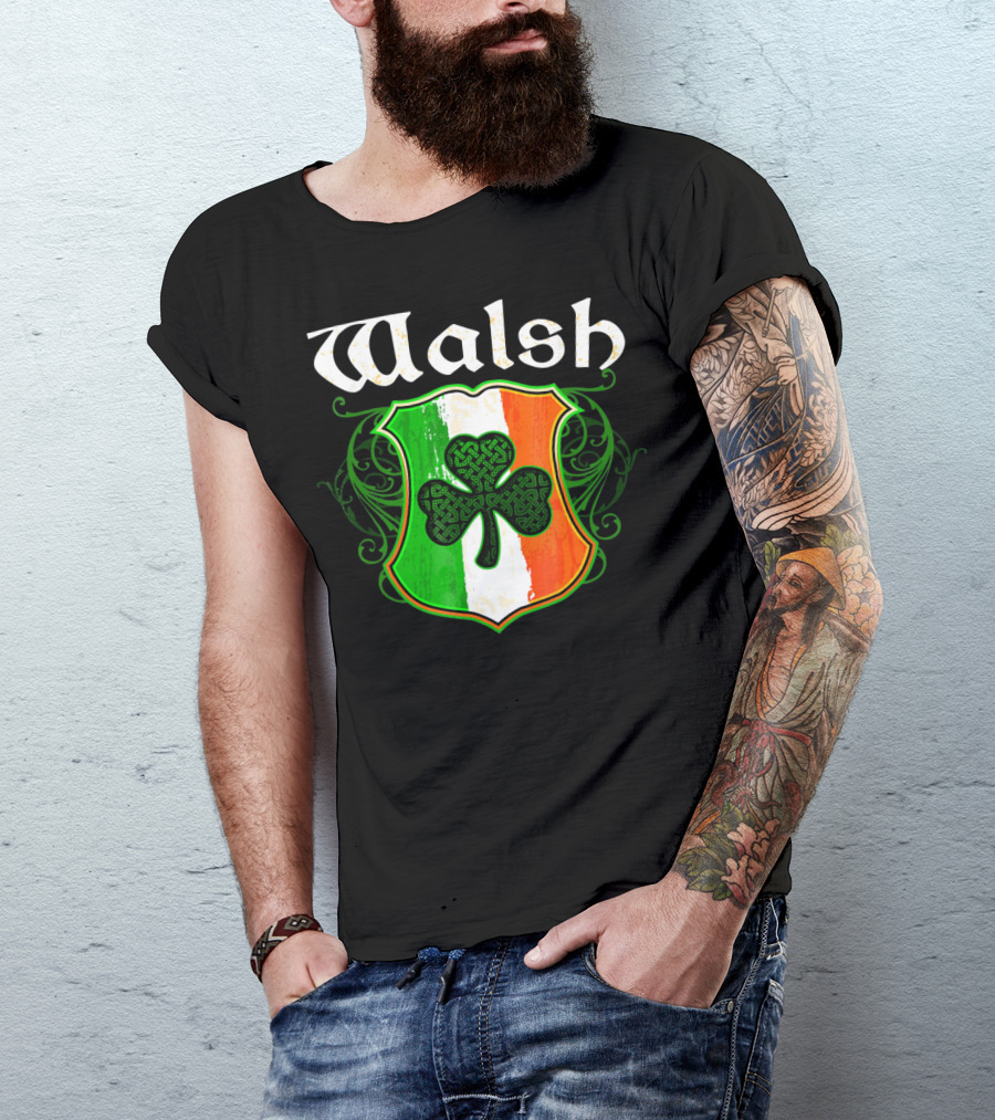Walsh Surname Irish Shamrock Crest With Green White Orange Shield T-Shirt