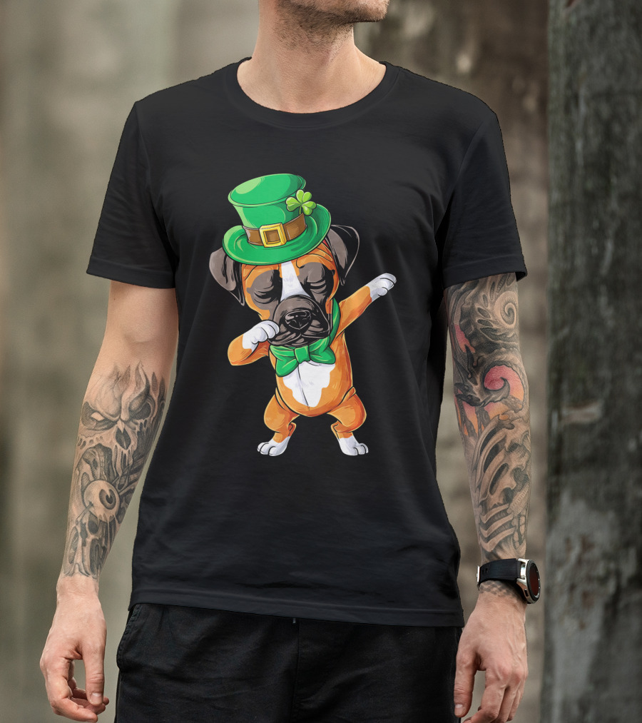 Dabbing Boxer Dog St Patricks Day Hat Bowtie T-Shirt