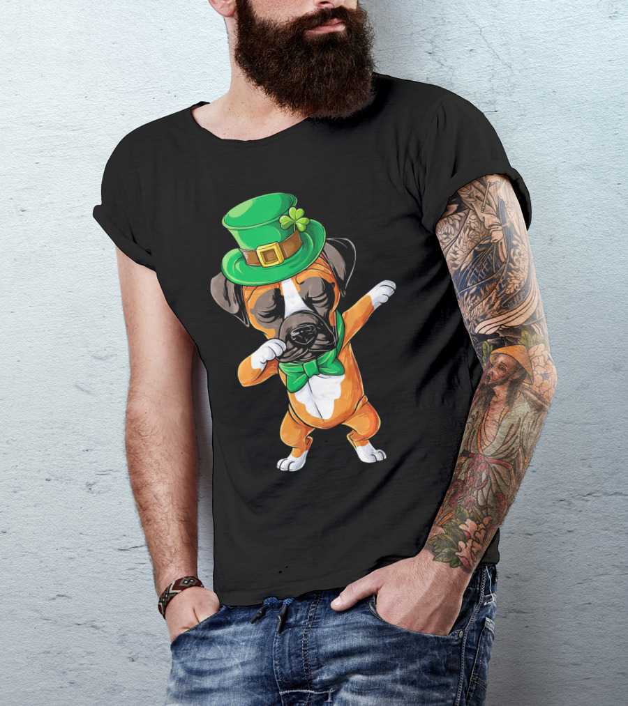 Dabbing Boxer Dog St Patricks Day Hat Bowtie T-Shirt